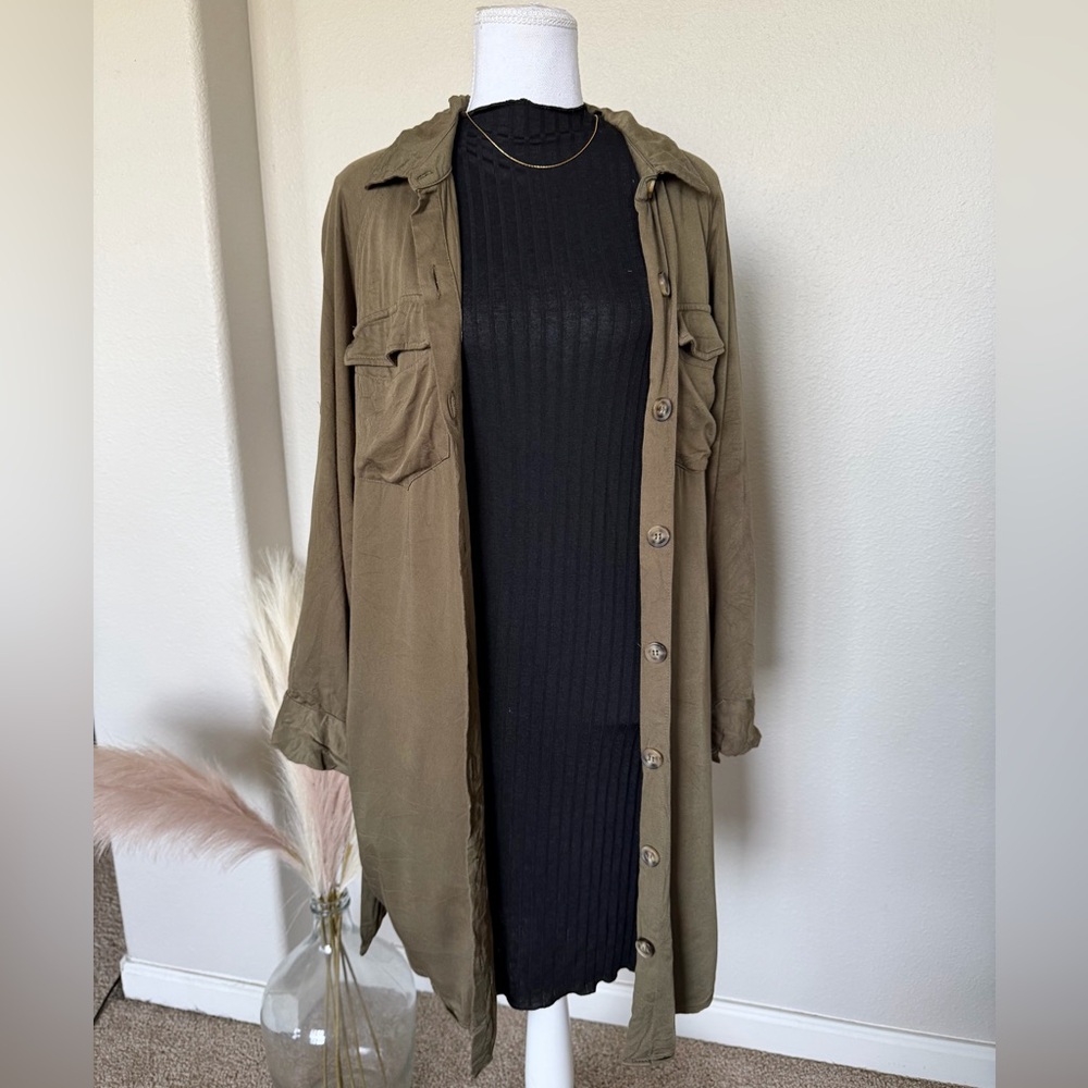 100% Cotton Olive Green Belted Shirt Dress - Picture 12 of 14